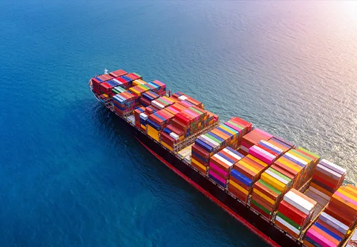 Container ship loaded with cargo on the open sea